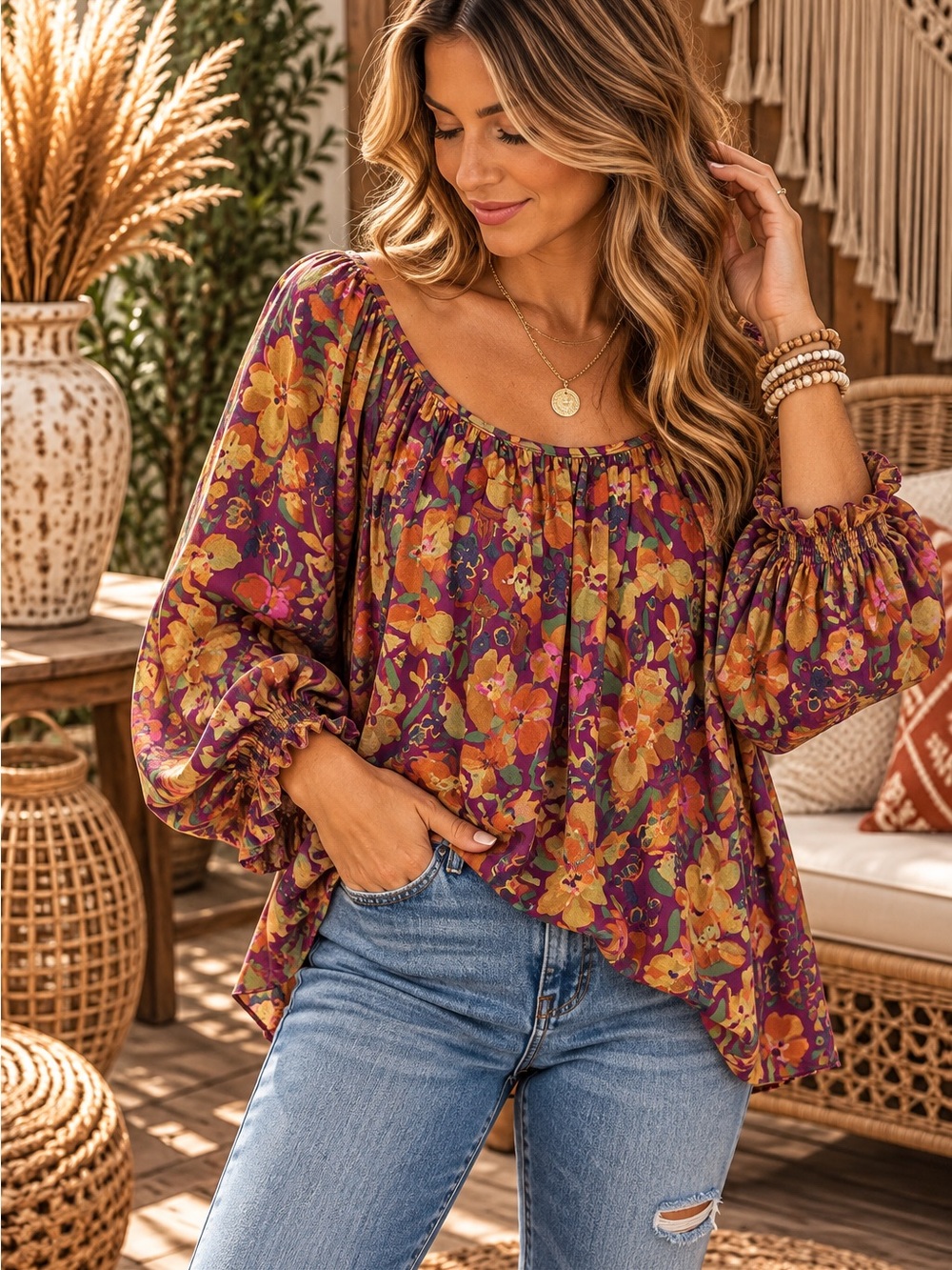 easel Floral Peasant Blouse in Burgundy and Mustard